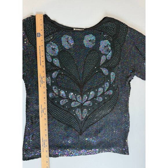 VTG Pete's Black Silk Multicolor Sequin Beaded Short Sleeve Blouse Top Women's M - Picture 8 of 10